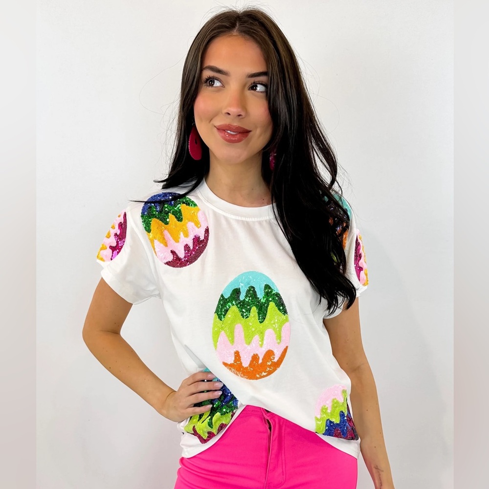 QUEEN OF SPARKLES Sequin GROOVY EASTER EGG Tee NWT ANTHROPOLOGIE